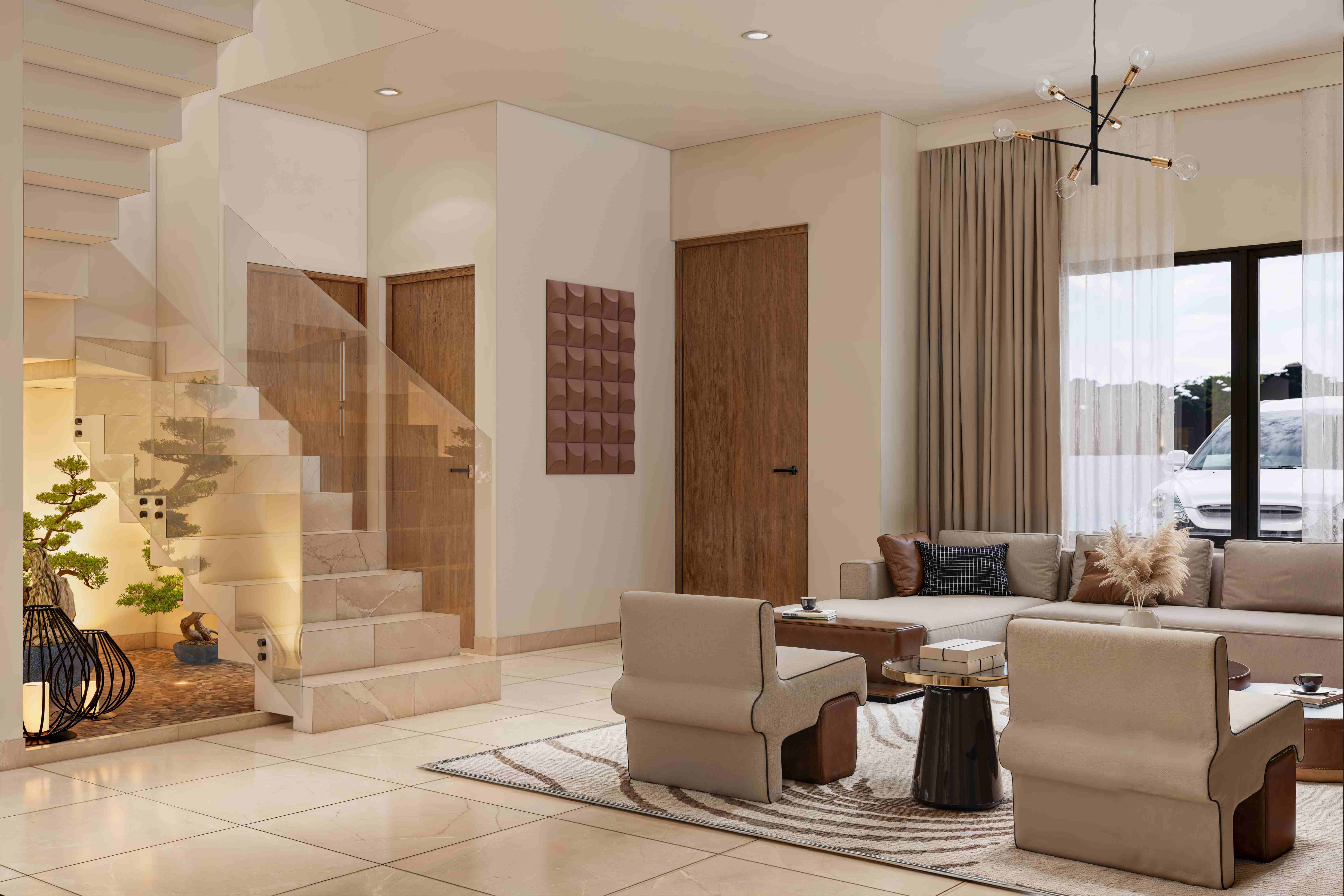 Escalera y sala de estar moderna en casa ENTHEOS Los Mochis